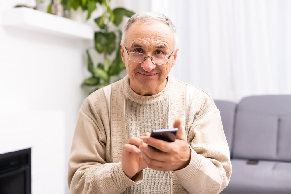 mobil för äldre, bild på en senior med en mobil